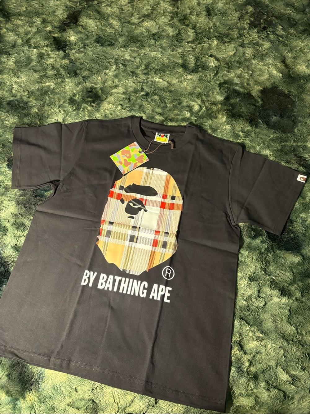 Bape Black T-Shirt with Beige Plaid Ape Head Graphic